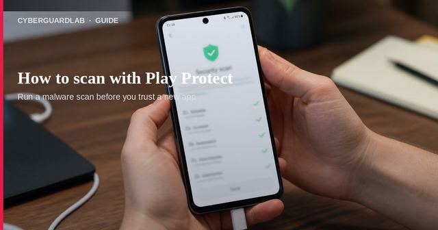 Hands holding a phone showing a Play Protect security scan