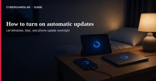 Windows laptop, MacBook, iPhone, and Android phone on a nightstand with an overnight update progress ring