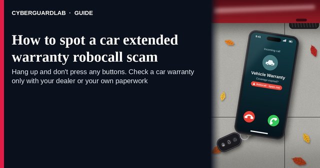 Phone on a garage floor next to car keys showing an incoming Vehicle Warranty call, coverage expired, flagged as robocall spam risk