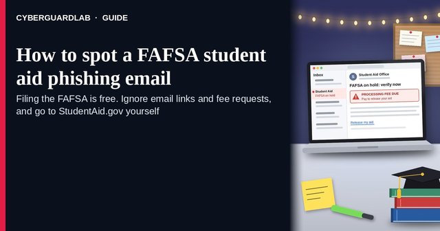 Laptop inbox showing a Student Aid Office email, FAFSA on hold: verify now, with a processing fee due warning and a Release my aid link
