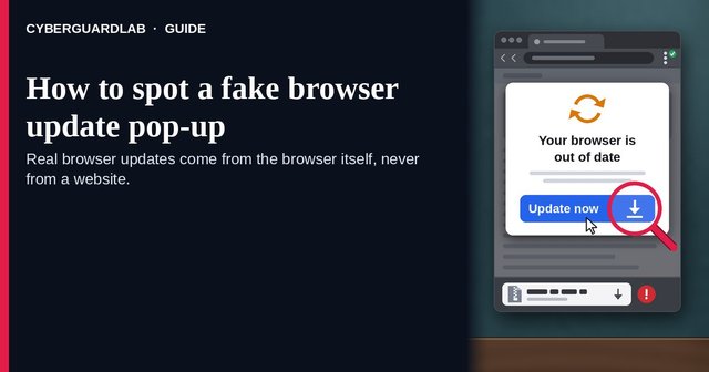 A generic browser window covered by a fake 'Your browser is out of date' pop-up, with a magnifying glass over its Update now button and a download bar showing a zip file with a red warning mark.