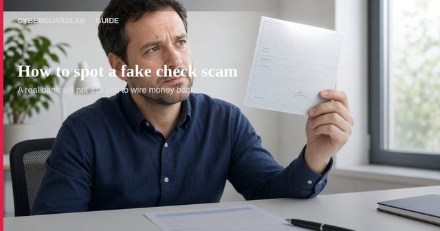 Man in an office holding up a paper check with a skeptical look