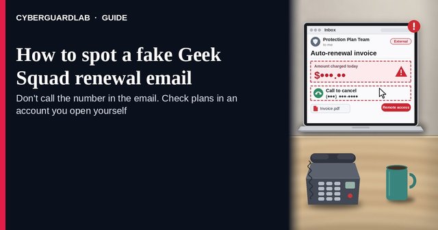 Laptop showing a fake auto-renewal invoice email with a masked callback number and a remote access cursor