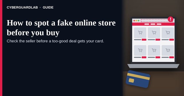 Laptop at dusk showing a copycat store product grid with red slashed price tags, an address bar without a padlock in a red dashed box, and a plain bank card on the desk
