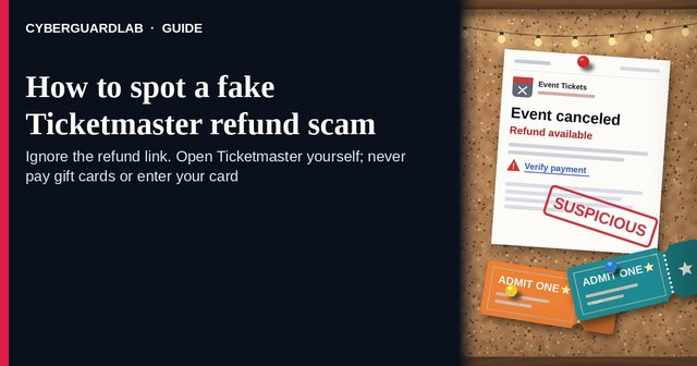 Phone showing a generic Event canceled refund available notification next to a paper event ticket