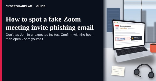 Laptop on a desk showing a Meeting invitation email from an external sender, with the Join meeting link flagged as a suspicious link from an unknown host