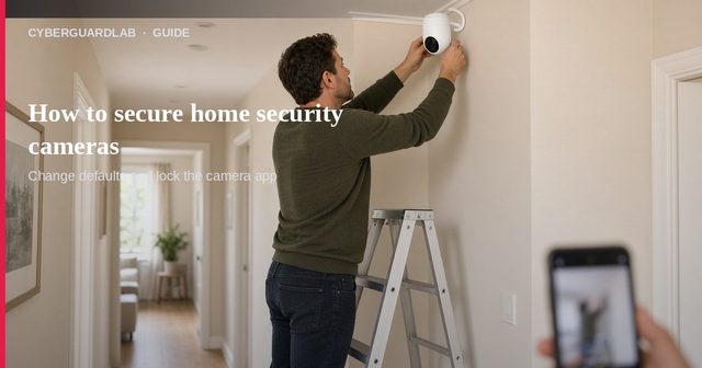 Man on a ladder installing a hallway camera while a phone shows the live feed