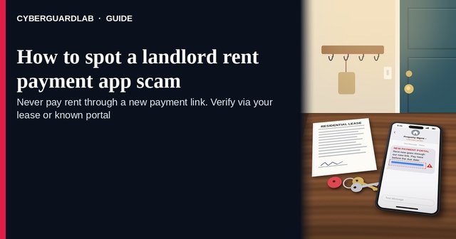 Phone on a table beside a residential lease and keys, showing a text from Property Mgmt, unknown sender: new payment portal, rent now goes through our new link