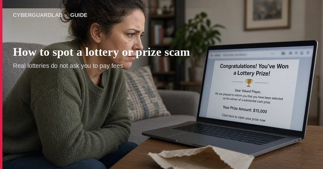 Woman on a couch looking skeptically at a laptop showing a You’ve won lottery email
