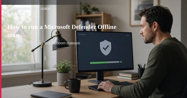 Windows laptop on a desk showing Windows Security Virus and threat protection scan options, not a scareware popup