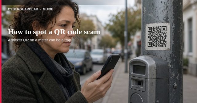 Woman on a city street scanning a QR sticker on a parking meter pole