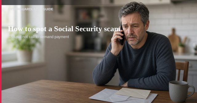 Kitchen table with a landline phone, face-down Social Security card sleeve, and a notepad that says hang up and call SSA