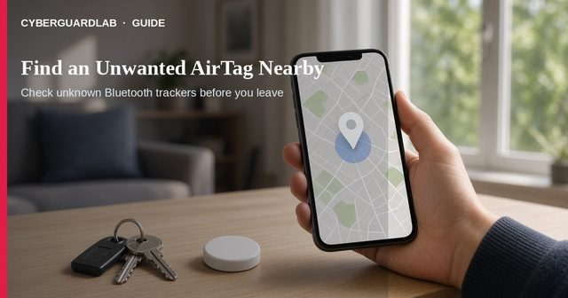 Phone showing an unwanted tracker alert next to a small Bluetooth tracker tag