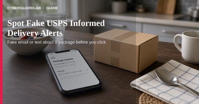Phone and laptop showing a fake USPS Informed Delivery email next to a real usps.com bookmark