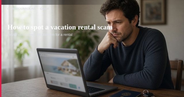 Laptop showing a too-good vacation listing beside a suitcase on a desk, suggesting a worried traveler checking a rental ad